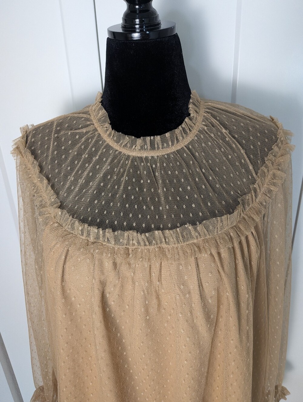 J.CREW Womens Sheer Lace Polka Dot Ruffle Long Sleeve Button Blouse 2XL Beige - Picture 4 of 10